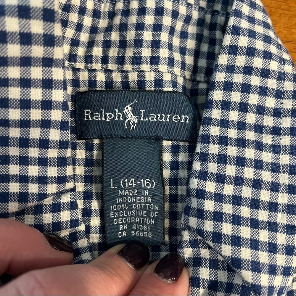 Ralph Lauren boys navy White Gingham plaid Shirt size large 14-16